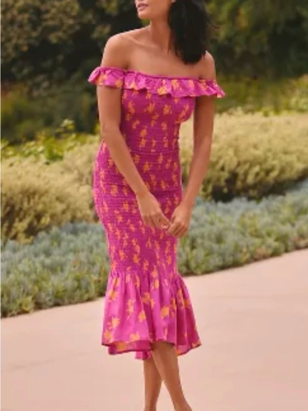 Anthropologie Magenta and Orange Floral Off-Shoulder Midi Dress